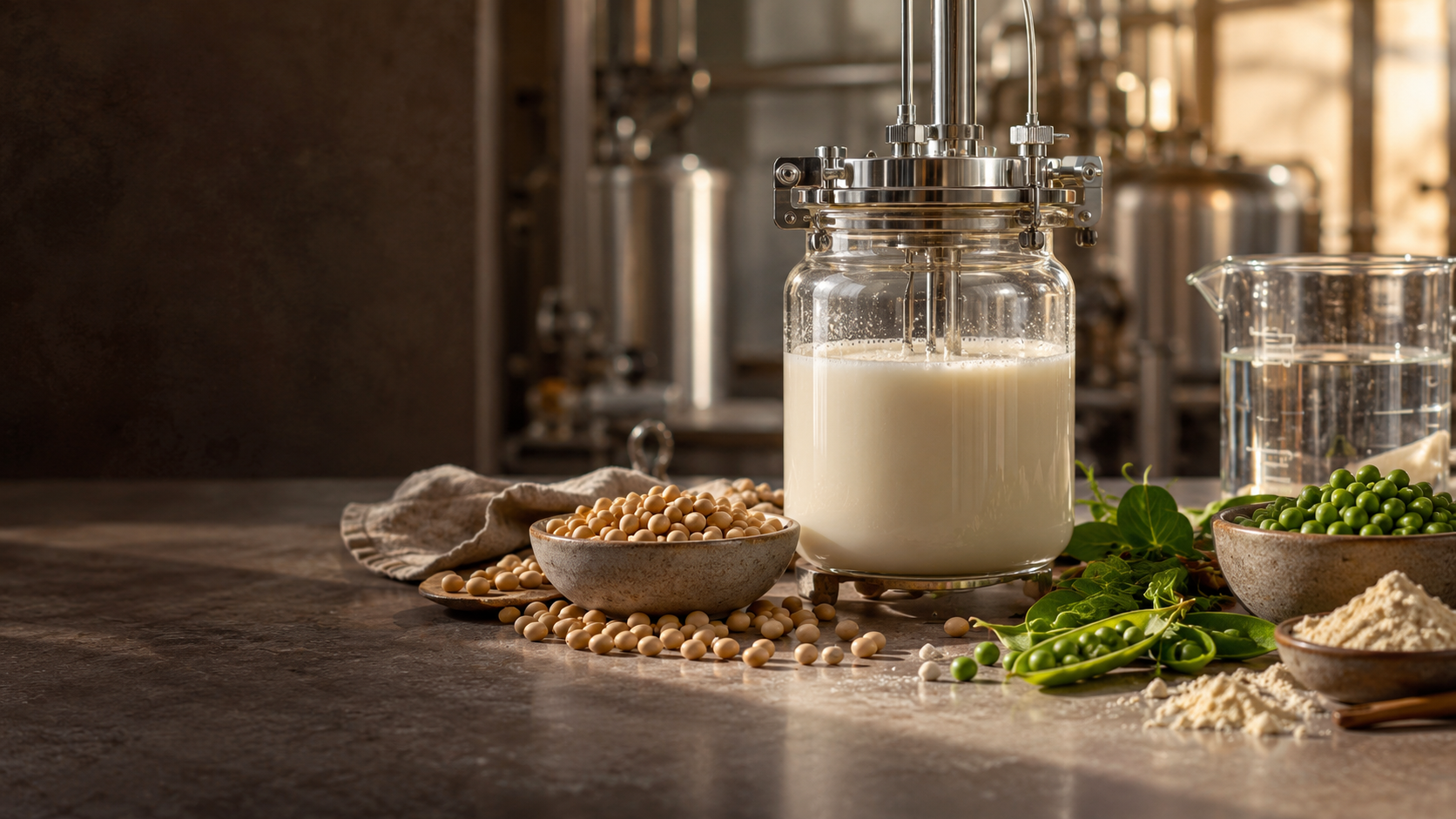 Plant protein ingredients and protein-processing samples on a laboratory bench
